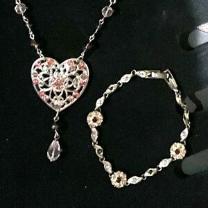 Silver Necklace with Large Heart Pendant & Matching Bracelet with Crystals